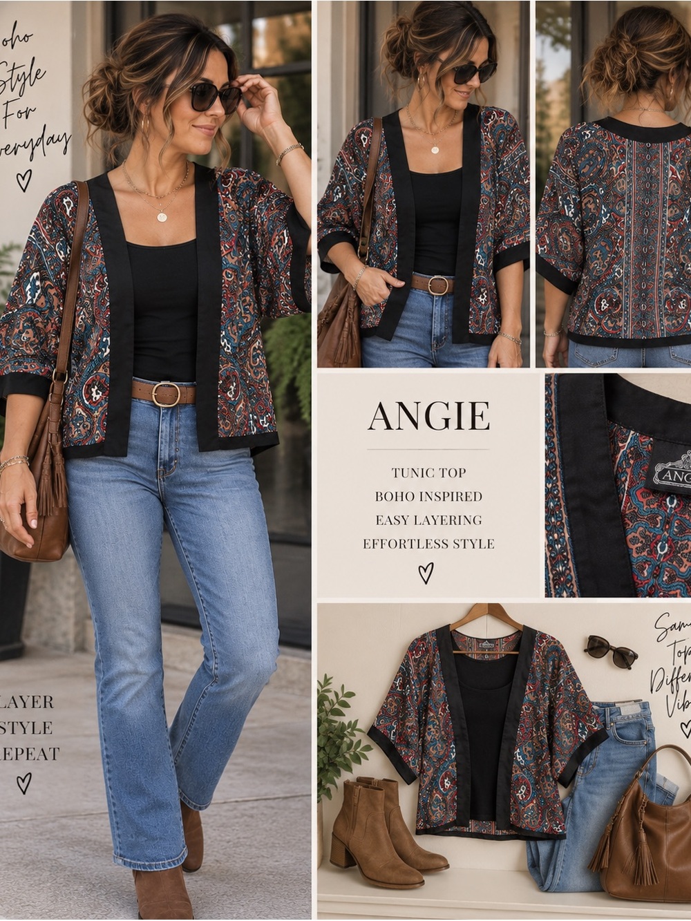 Angie Paisley Open-Front Kimono Jacket in Teal, Red & Black